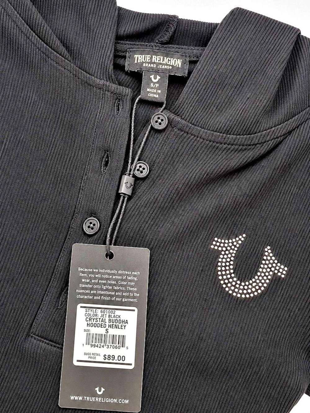 True Religion World Tour Hooded Henley Black Small NWT - Picture 3 of 8